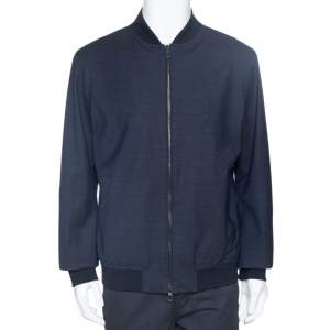 Pre Owned Loro Piana Navy Blue Wool Storm System Bomber Jacket XL