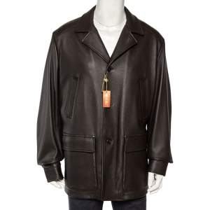 Pre Owned Loro Piana Brown Deer Leather Button Front Blazer Jacket XXL