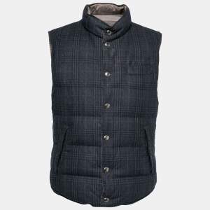 Pre Owned Loro Piana Blue Checkered Wool Sleeveless Puffer Jacket L