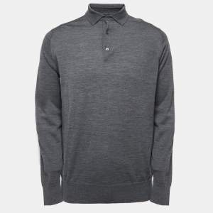 Pre Owned Loro Piana Grey Wool Long Sleeve Polo T-Shirt XL