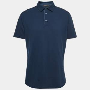 Pre Owned Loro Piana Navy Blue Cotton Pique Short Sleeve Polo T-Shirt XL