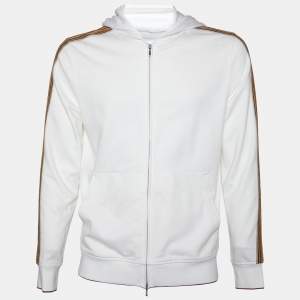 Pre Owned Loro Piana White Suitcase Stripe Cotton & Linen Knit Hooded Jacket S