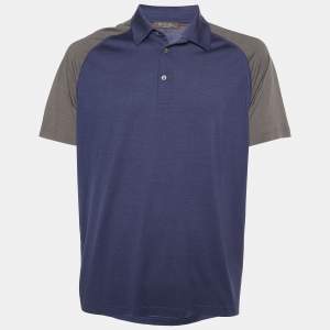 Loro Piana Navy Blue Silk & Cotton Knit Contrast Detail Polo T-Shirt XL