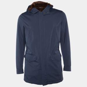 Loro Piana Navy Blue Synthetic Fur Lined Storm System Hooded Jacket S