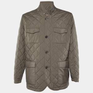 Pre Owned Loro Piana Brown Diamond Quilted Leather Trim Detail Jacket XXL