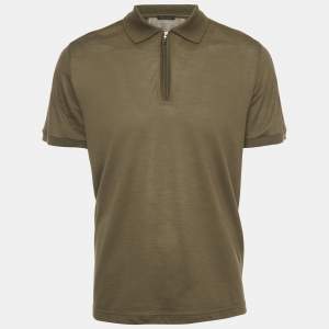 Pre Owned Loro Piana Olive Green Knit Zip Up Polo T-Shirt L