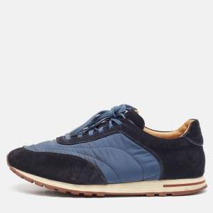 Loro Piana Blue/Navy Blue Suede And Nylon Low Top Sneakers Size 42