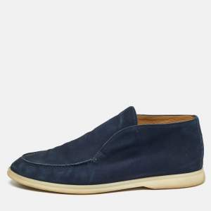 Pre Owned Loro Piana Navy Blue Nubuck Leather Ankle Length Boots Size 45
