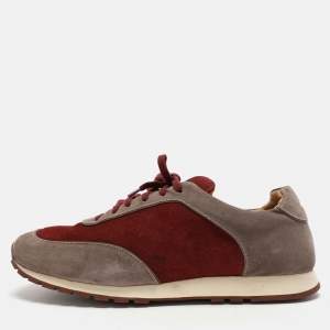 Loro Piana Grey/Burgundy Suede Weekend Walk Low Top Sneakers Size 46