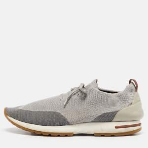 Pre Owned Loro Piana Grey Knit Fabric and Leather 360 LP Flexy Walk Low Top Sneakers Size 46