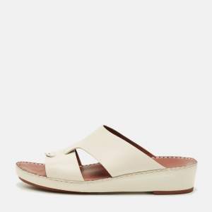 Pre Owned Loro Piana New Buckle Size 43.5 White Leather Slide Sandals