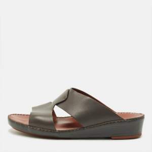 Pre Owned Loro Piana New Buckle Size 43.5 Grey Leather Slide Sandals