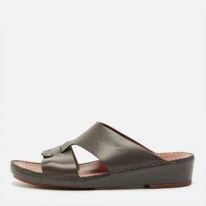 Pre Owned Loro Piana New Buckle Size 43.5 Grey Leather Slide Sandals