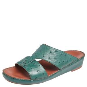 Loro Piana Green Ostrich Leather Slip on Sandals Size 44