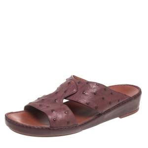 Loro Piana Burgundy Ostrich Leather Slip on Sandals Size 44