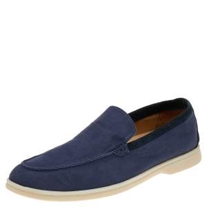 Pre Owned Loro Piana Blue Canvas And Suede 'Summer Walk' Slip On Loafers Size 45