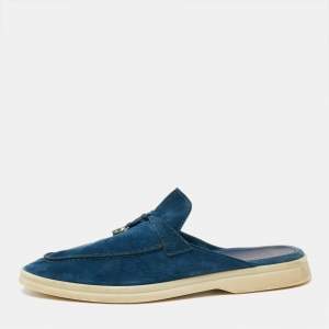 Loro Piana Blue Suede Babouche Charms Walk Flat Mules Size 41