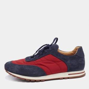 Pre Owned Loro Piana Grey/Red Nylon And Suede Low Top Sneakers Size 43.5