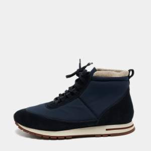 Pre Owned Loro Piana Navy Blue Suede And Nylon Lace Up Sneakers Size 40 