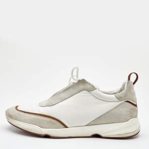 Pre Owned Loro Piana White/Grey Nylon and Suede Low Top Sneakers Size 46