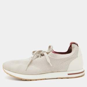 Loro Piana Grey/Cream Knit Fabric and Leather 360 Flexy Walker Slip On Sneakers Size 43
