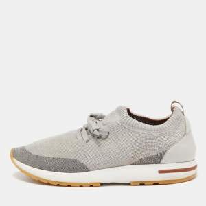 Loro Piana Grey/Cream Knit Fabric and Leather 360 Flexy Walker Slip On Sneakers Size 43
