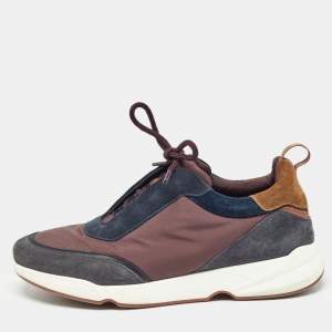 Pre Owned Loro Piana Brown/Navy Blue Suede Modular Walk Sneakers Size 40.5