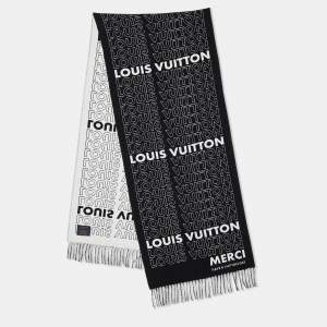 Louis Vuitton Black Logo Intarsia Knit Wool & Cashmere Fringed Muffler