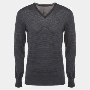 Louis Vuitton Navy Blue Striped Knit V-Neck Sweatshirt M