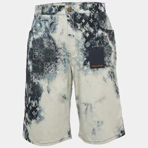 Louis Vuitton Blue Bleached Bandana Monogram Print Denim Shorts L Waist 34"