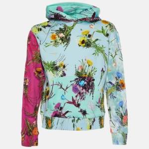Pre Owned Louis Vuitton Blue Floral Print Cotton Knit Pullover Hoodie S