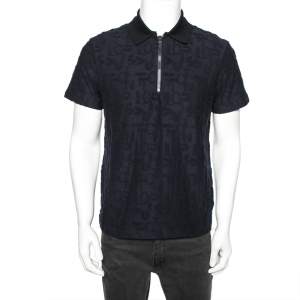Louis Vuitton Navy Blue Logo Jacquard Terry Cotton Polo T-Shirt XS