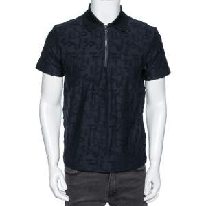 Louis Vuitton Navy Blue Logo Jacquard Terry Cotton Polo T-Shirt XS