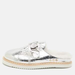 Louis Vuitton Metallic Silver Leather LV Easy Flat Mules Size 45