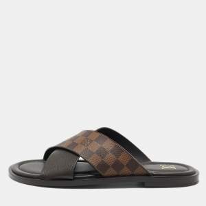 Pre Owned Louis Vuitton Damier Ebene Canvas and Leather Cross Strap Flat Sandals Size 44