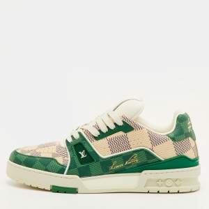 Pre Owned Louis Vuitton LV Trainer Size 41 Green/Off White Damier Leather Sneakers