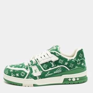 Pre Owned Louis Vuitton LV Trainer Size 41 Green Monogram Jacquard Velvet Low Top Sneakers
