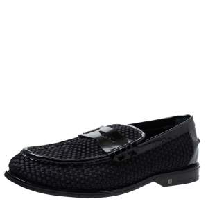 Louis Vuitton Black Patent Leather And Woven Satin Penny Slip On Loafers Size 41.5
