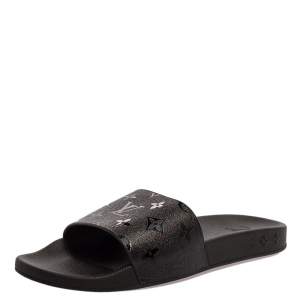 Pre Owned Louis Vuitton Black Rubber Monogram Waterfront Slide Sandals Size 42