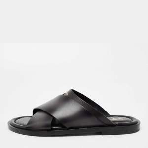 Pre Owned Louis Vuitton Grey/Black Two-Tone Leather Foch Cross Strap Flat Slide Sandals Size 42