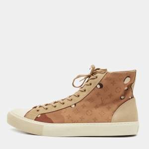 Pre Owned Louis Vuitton Brown/Beige Suede and Canvas High Top Sneakers Size 46