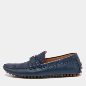 Pre Owned Louis Vuitton Navy Blue Suede and Leather Hockenheim Loafers Size 41