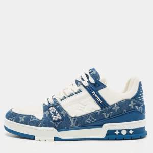 Louis Vuitton Blue/White Leather and Denim LV Trainer Sneakers Size 44