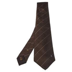 مملوكة مسبقًا Louis Vuitton Brown Micro Damier Striped Silk Tie