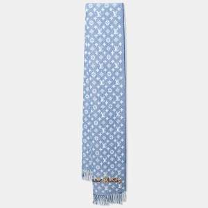 Louis Vuitton Blue Monogram Intarsia Wool Fringed Muffler 
