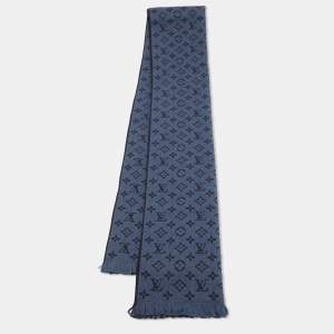 Louis Vuitton Navy Blue & Grey Logo Monogram Wool Scarf 