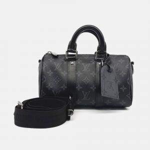 Pre Owned Louis Vuitton Black Coated Canvas and Leather Eclipse Bandouliere Keepall 25 Bag