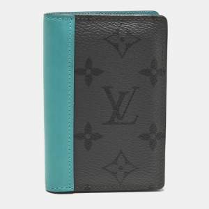 Pre Owned Louis Vuitton Turquoise Leather and Monogram Eclipse Reverse Canvas Pocket Organizer