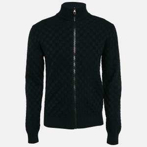 Louis Vuitton Navy Blue Wool Damier Knit Zip-Up Jacket XS