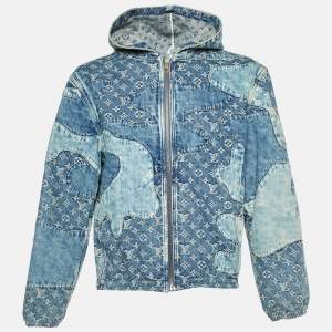 Louis Vuitton Blue Logo Jacquard Denim Hooded Zip-Up Jacket S